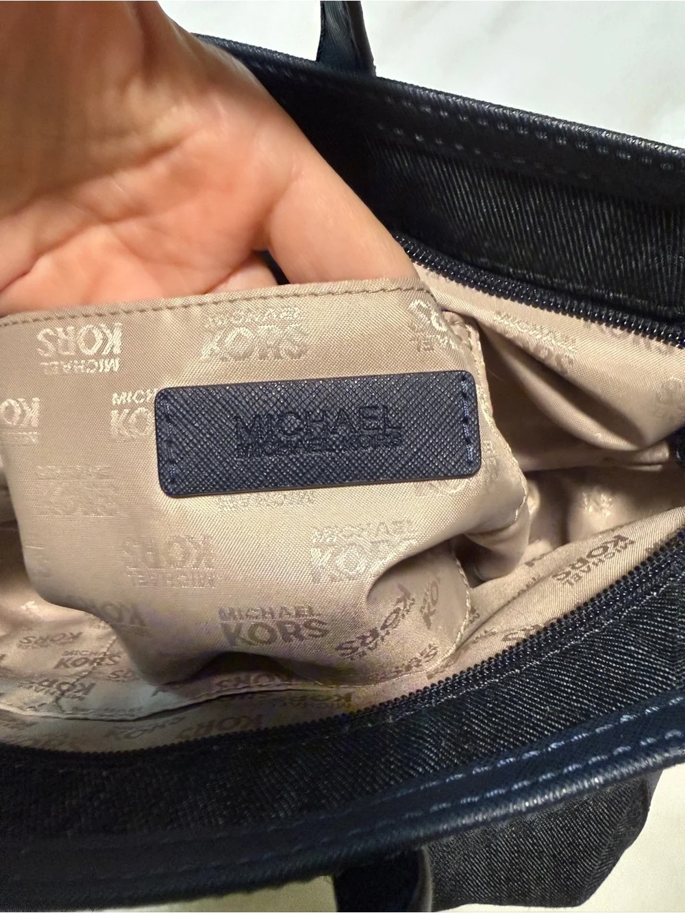 Michael Kors Denim Tote Bag Navy Blue Large Zip Top Laptop Shoulder Bag - Picture 5 of 10